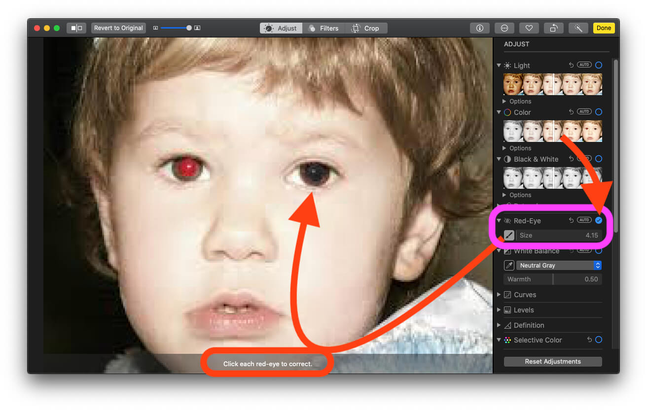 does preview have a tool for red eye removal on my mac laptop